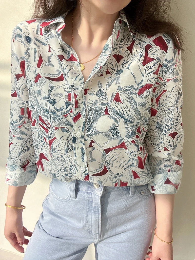 

Романтическая винтажная женская блузка из шелка и хлопка с ручной росписью, легкая, дышащая, комфортная, с цветочным принтом