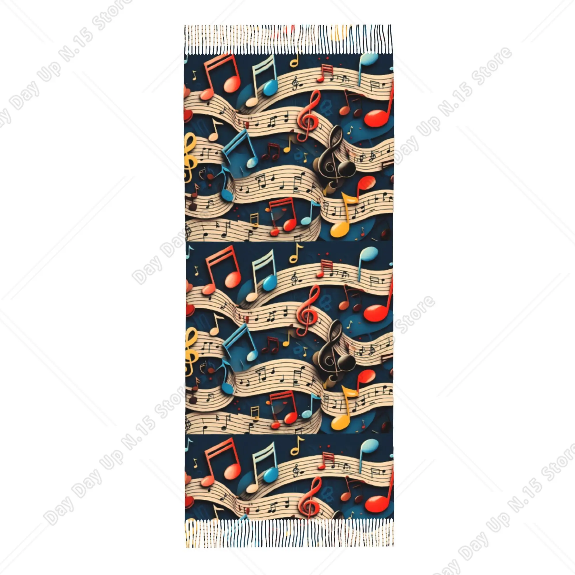 Colorful Music Note Staff Print Tassel Scarf, Vintage 3D Musical Symbol Soft Warm Fashion Shawl