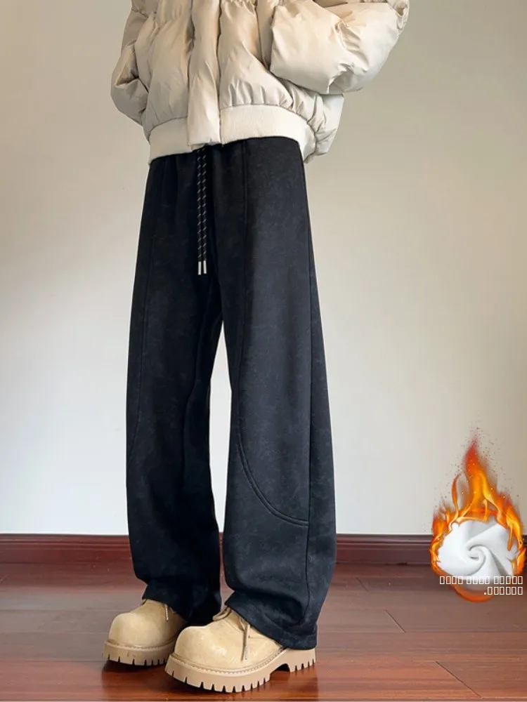 

Утепленные зимние прямые брюки Thiened Fce для мужчин, американские брюки в стиле тай-дай, повседневные свободные брюки с эффектом складок, длинные.