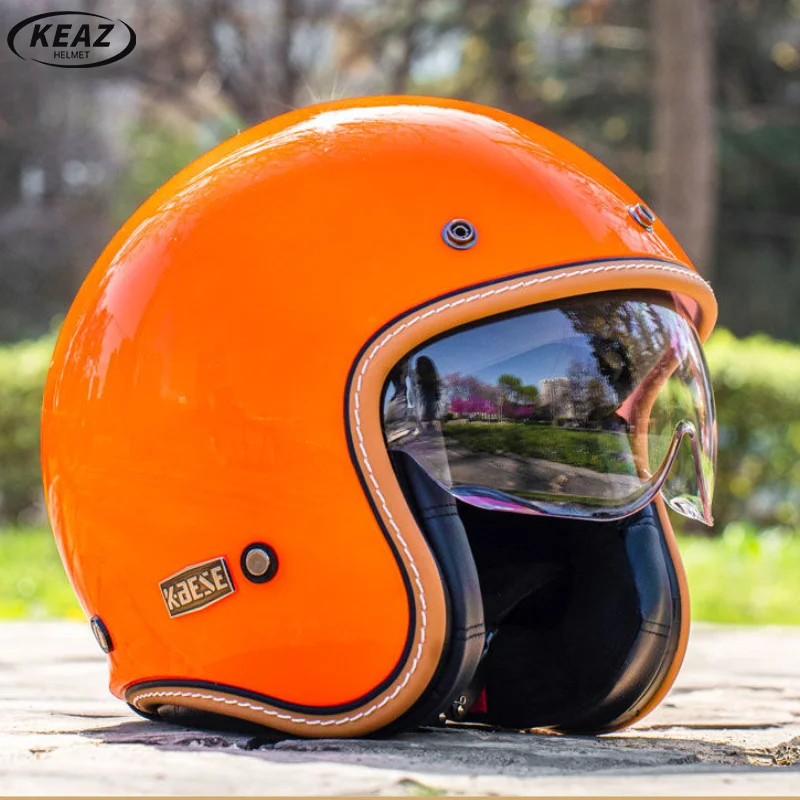 

2024 Orange Vintage Open Face Motorcycle Helmet Motorbike Retro 3/4 Open Face Helmet Capacete With Built-in Lens DOT ECE