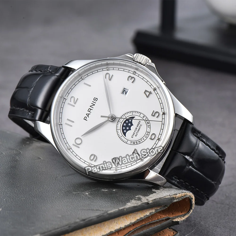 Parnis 42 mm números arábigos reloj automático para hombre cristal de zafiro caja de acero inoxidable correa de caucho