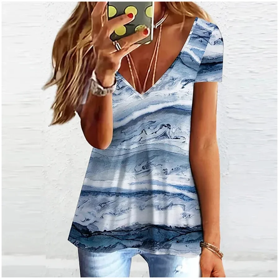 Loose T-shirt Women\'s Summer Fashion Female 3d Vintage Printing V-neck Short-sleeve Tops Tees New Y2k Womens Oversize T-shirts