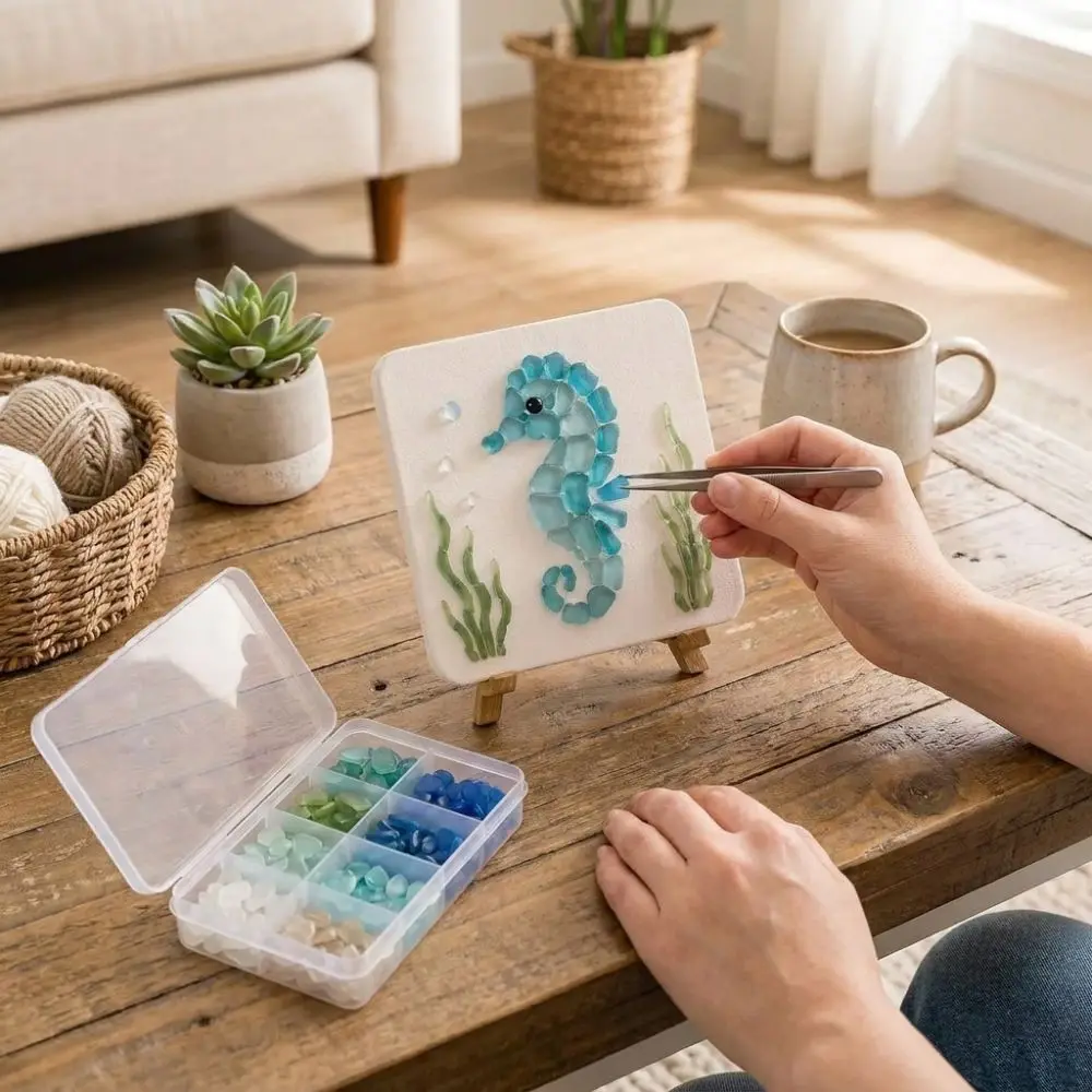 Colorful Glass Pieces Ocean DIY Sea Glass Art Kit Sea Creature Ocean Inspired Glass Mosaic Craft Set Wooden‑Easel Unique