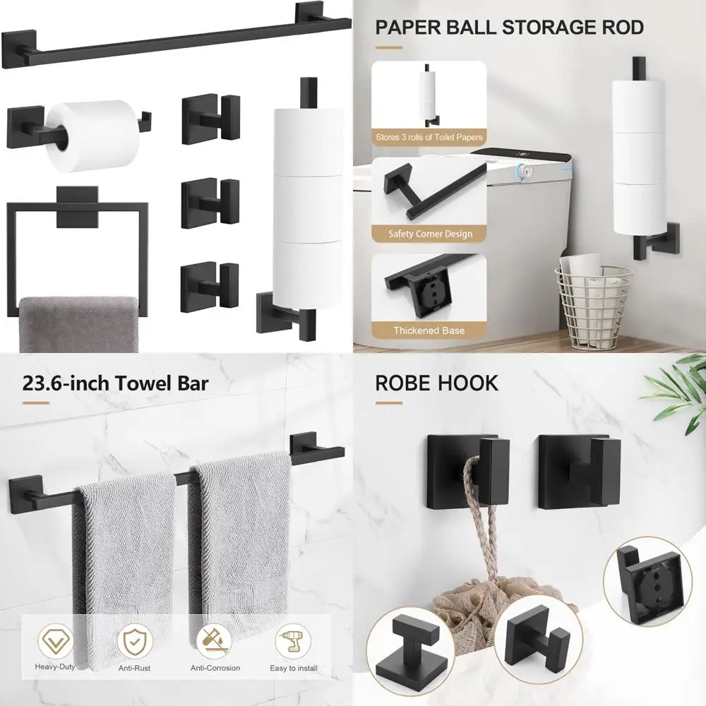 

7-Piece Matte Black Bathroom Hardware Set - 23.6 SUS304 Stainless Steel Towel Bar with Toilet Paper Holder and Spare Rolls