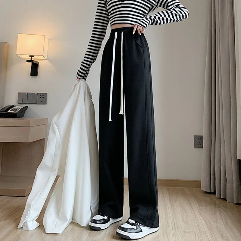 Women High Waisted Leisure Loose Pants Girls Casual Straight Leg Slacks Female Baggy Light Grey Khaki Beige Black Trousers view 5