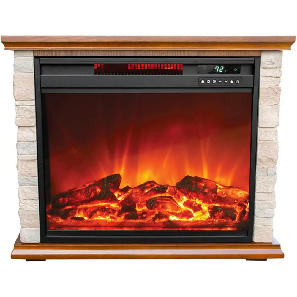 Electric Fireplace Heater w/ 3 Heating Elements, 1500W, Faux Stone & Oak Wood - Mounted Indoor Infrared Heater for Hom
