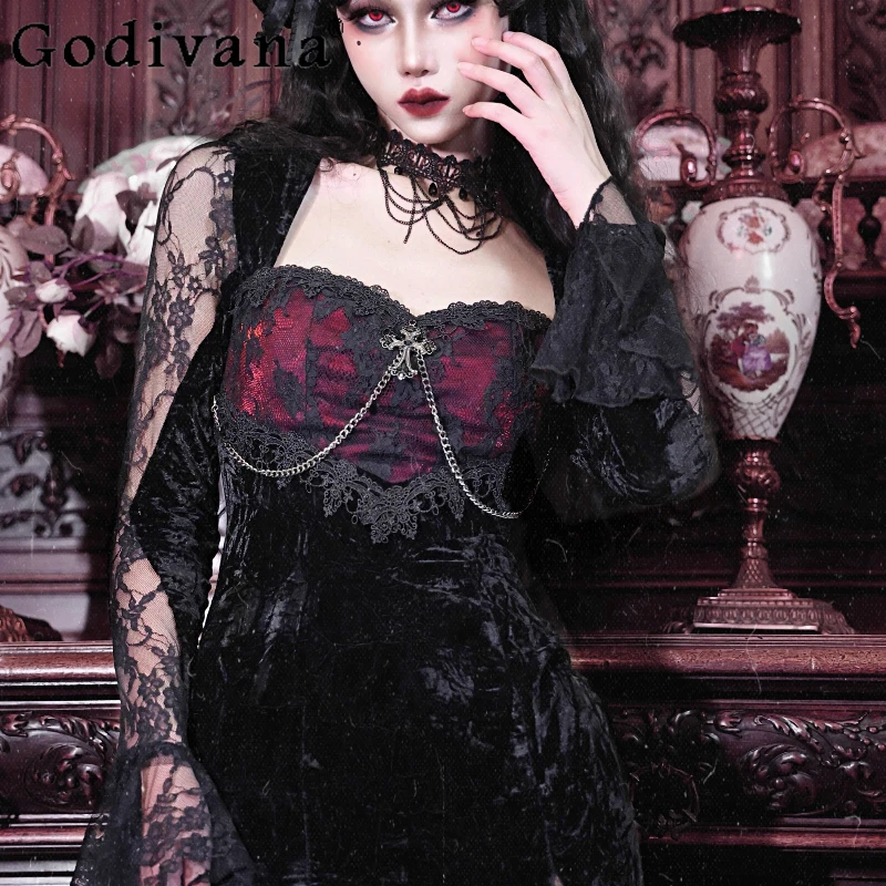 ハロウィンゴシックベルベットドレスボディコンロールプレイカーニバルドレス女性のための春秋のセクシーなパーティーコスプレレースドレス