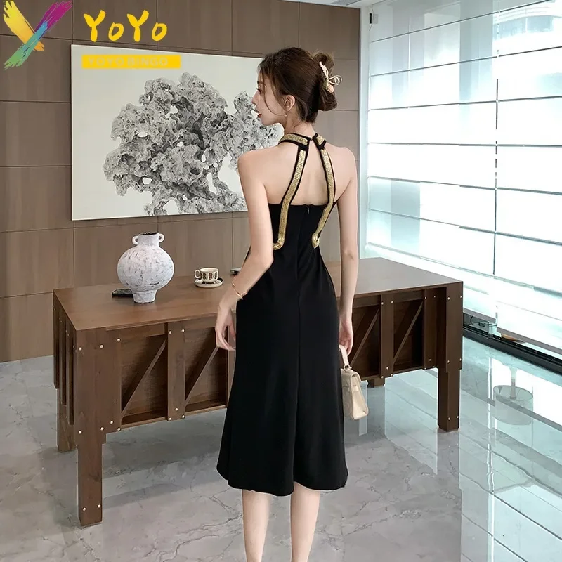 Elegant Sexy Black O-neck Gold Nail Bead Sleeveless Backless Dress 2024 Luxury Fashion Temperament Slim Fit Party Dress