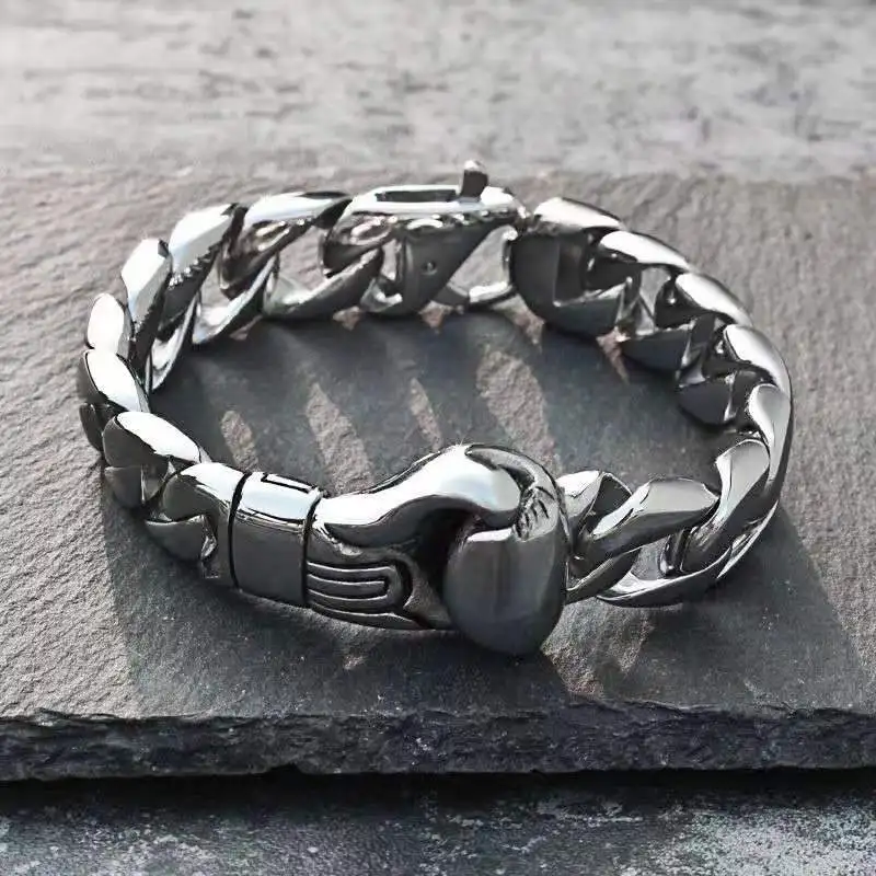 15mm Punk 18K Gold Color Boxing Boxer Glove Bracelet Men Women Black Stainless Steel Biker Bike Curb Cuban Chain Bangle Jewelry