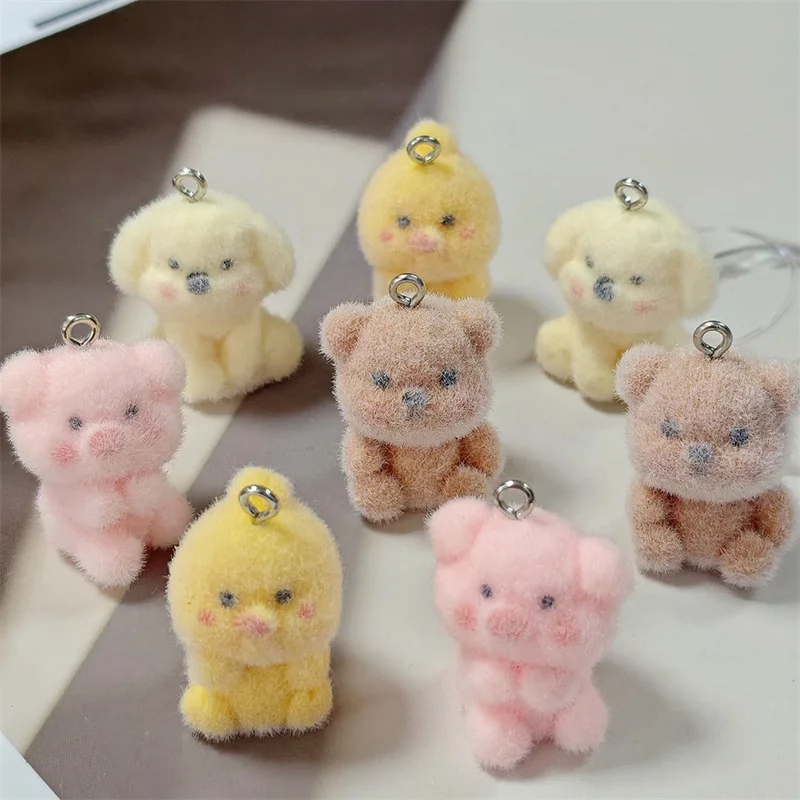 

Newest 40pcs/lot color flocking effect animals cartoon bears pig shape resin dolls beads diy jewelry garment hair accessory