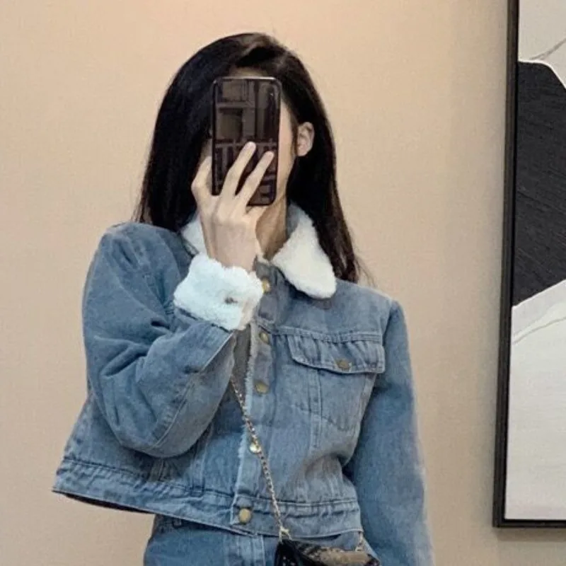 Women Y2K Denim Sets Winter Thicken Elegant Long Sleeve Short Jackets with Mini A-line Skirts Suit Harajuku High Street Outfit