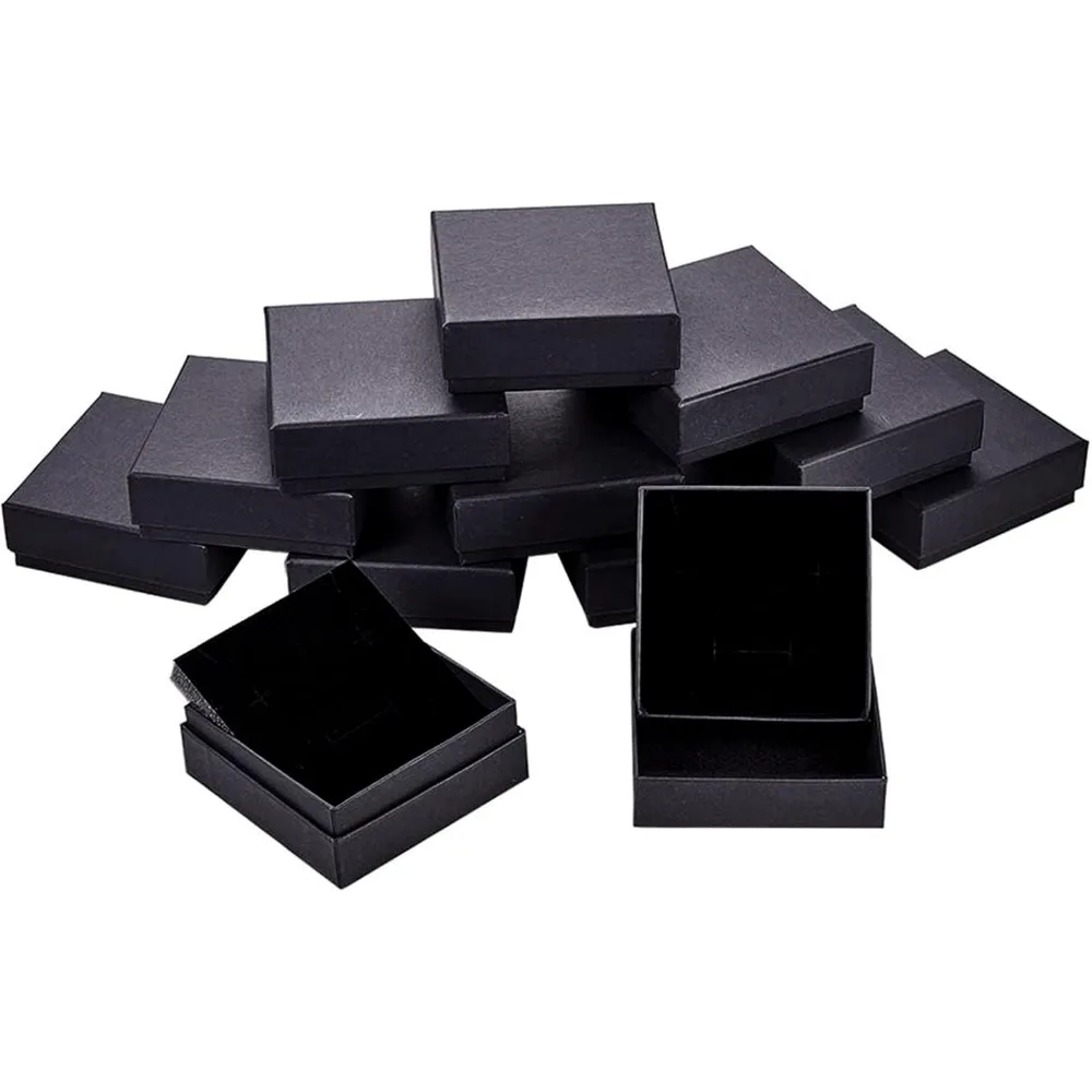 12 Pack Kraft Square Cardboard Jewelry Boxes Necklace Ring Earring Kraft Box for Jewelry Set 3.94 x 3.94 x 1.38 Inches Black