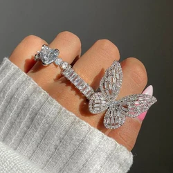 2025 Full Siza Luxury Iced Out Bling Geometry Square White Clear 5A Finger Rings For Women Charm Rock Style Engagement Jewelry