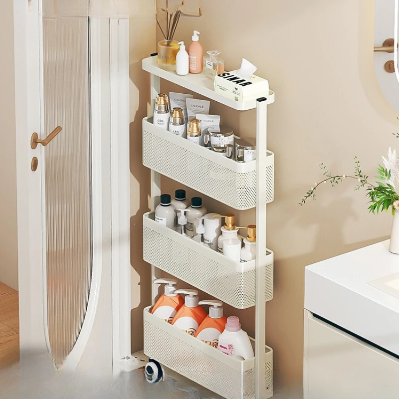 

Space Saving Organizer Rack Ultra-Thin Rolling Cart for Bathroom Multi-layer Metal Storage Rack Narrow Restroom Storage Solution