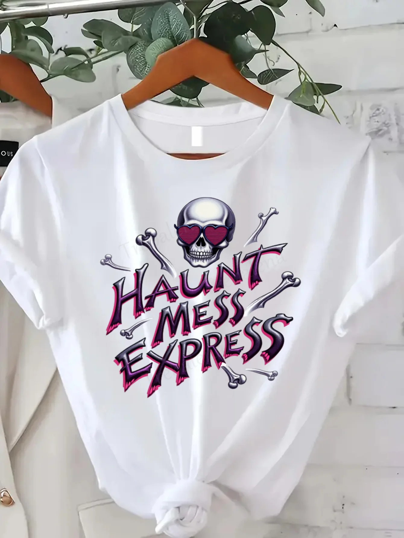 Round Neck T-shirt Halloween Skull T-Shirt Women Plus Size Haunt Mess Express Graphic Tee Short Sleeve Tee Fashion Casual Top