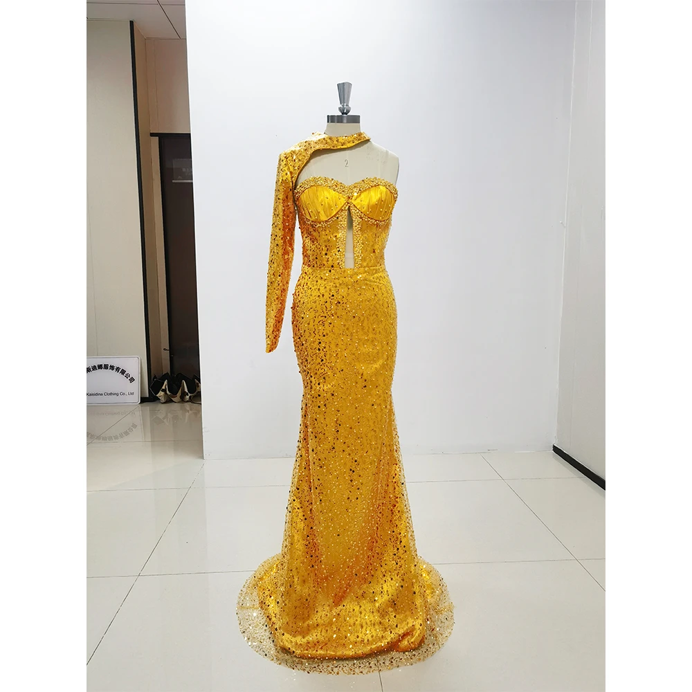 Luxury Yellow Sequined Long Sleeve Evening Dress Sweep Train High Neck Special Occasion Gown Elegant Women Chic Mermaid 2024