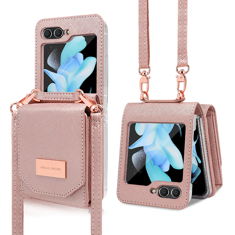 VIETAO-funda de cuero PU para tarjetas bancarias, billetera para teléfono con cordón cruzado, Compatible con Samsung Galaxy Z Flip7 6 Flip5 Flip4 Z3