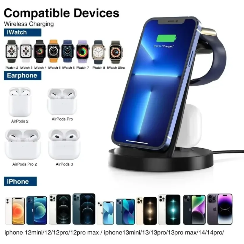 Portable Wireless Charger For iPhone Apple Watch AirPods 4 In 1 Stand Fast Station Dock USB Safe Black White Case view 5