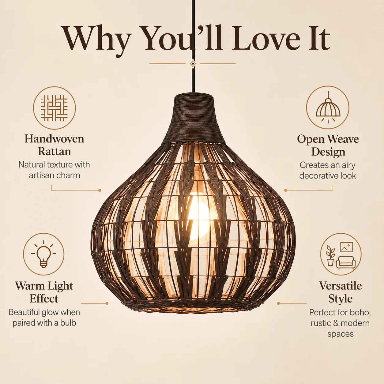 JOYINLED 33cm E26/E27 Boho Rattan Hanging Ceiling Lamp Brown Woven Pendant Light for Bedroom, Dining Room, Bulb Not Included