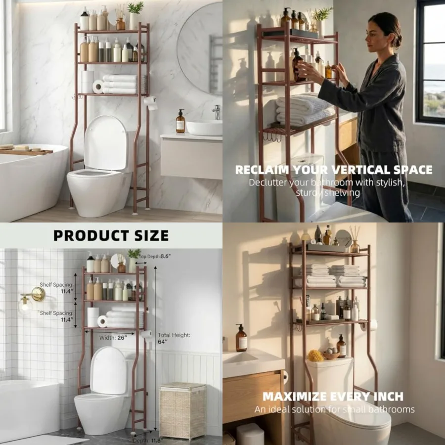 

Over Toilet Storage with Anti-Tilt Safety System - 150lb Total Capacity Metal Bathroom Shelves Including Paper Holder and 4 Hoo