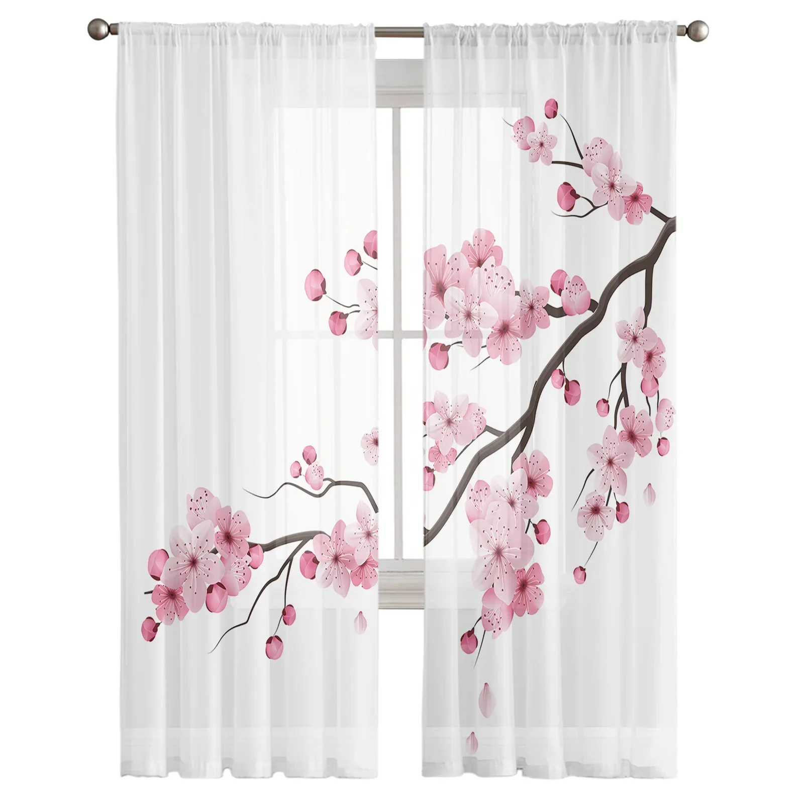 Japanese Pink Flower Cherry Blossom White Sheer Curtains for Living Room Tulle for Windows Voile Yarn Short Bedroom Curtains