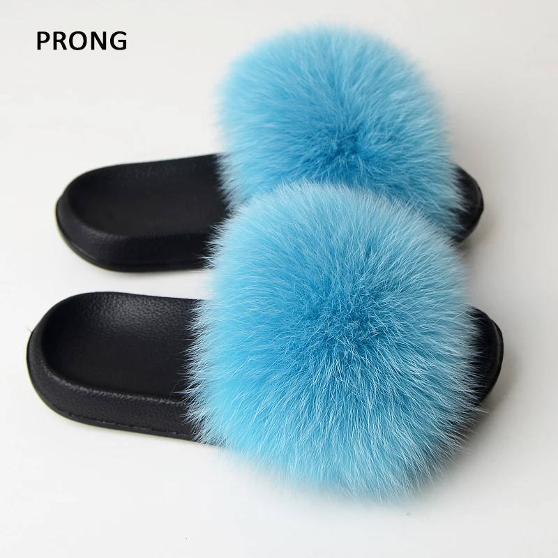 

Women Fur Slippers Summer Real Fox Fur Furry Slides Ladies Plush Indoor Outdoor Flip Flops Woman House Shoes Flat Fluffy Sandals