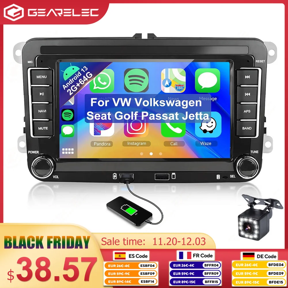 2 الدين راديو السيارة أندرويد 13 سيارة مشغل وسائط متعددة واي فاي نظام تحديد المواقع Carplay السيارات لشركة فولكس فاجن سكودا جولف 5 6 توران باسات جيتا 7 "سيارة ستيريو #1