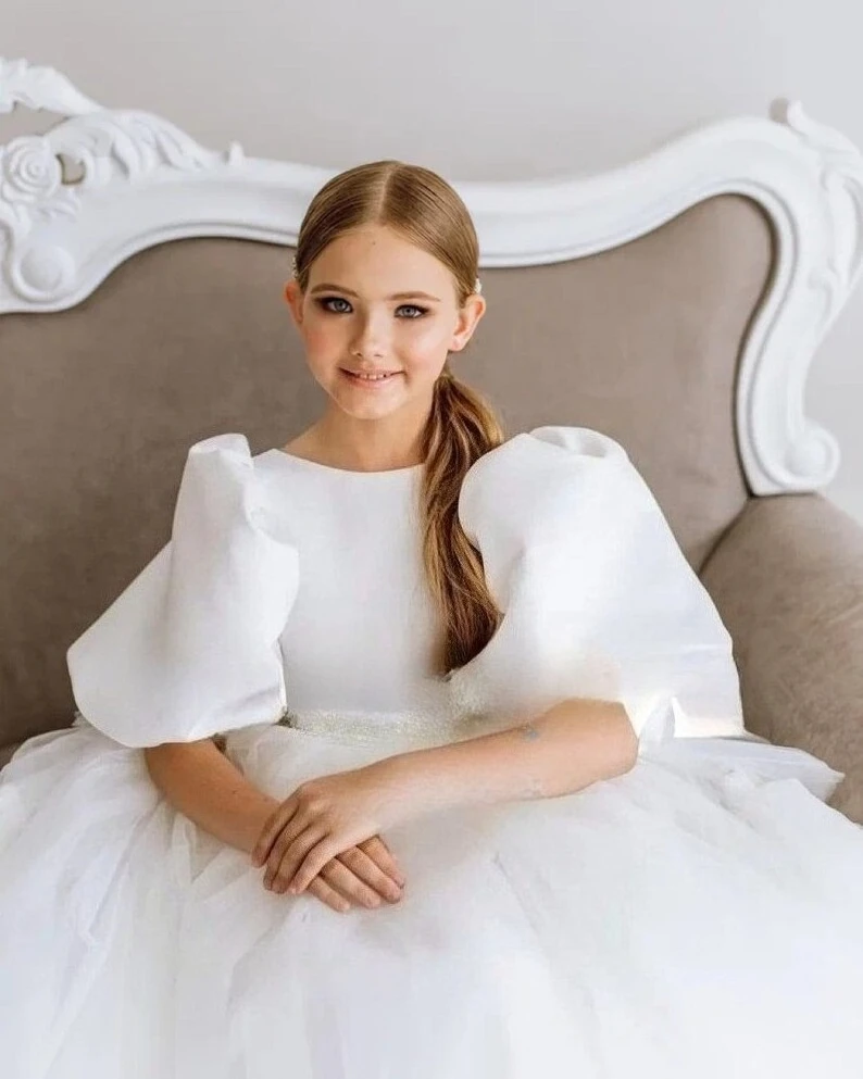 Атласное платье-пачка принцессы для девочек-цветочниц, фатиновое платье цвета слоновой кости со шлейфом, бальное платье для девочек, платья для вечеринок и свадеб