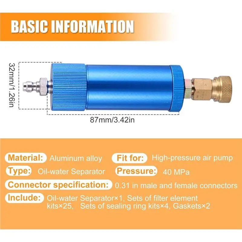 فلتر هواء PCP عالي الضغط فاصل الزيت والماء، 40Mpa/5800Psi فاصل الرطوبة المضمن لمضخة ضاغط الهواء #6