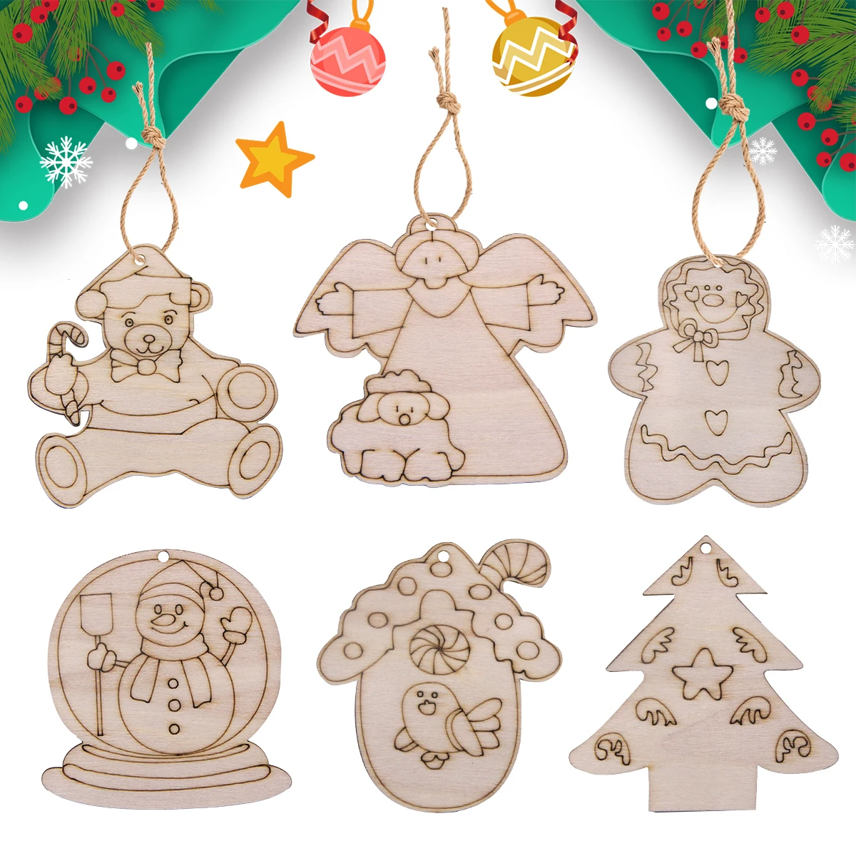 12Pcs Wooden Angel/Snowman/Bear HangingPendant Christmas Tree Decor Ornament For Noel Party Supply Xmas DIY Painting Gifts