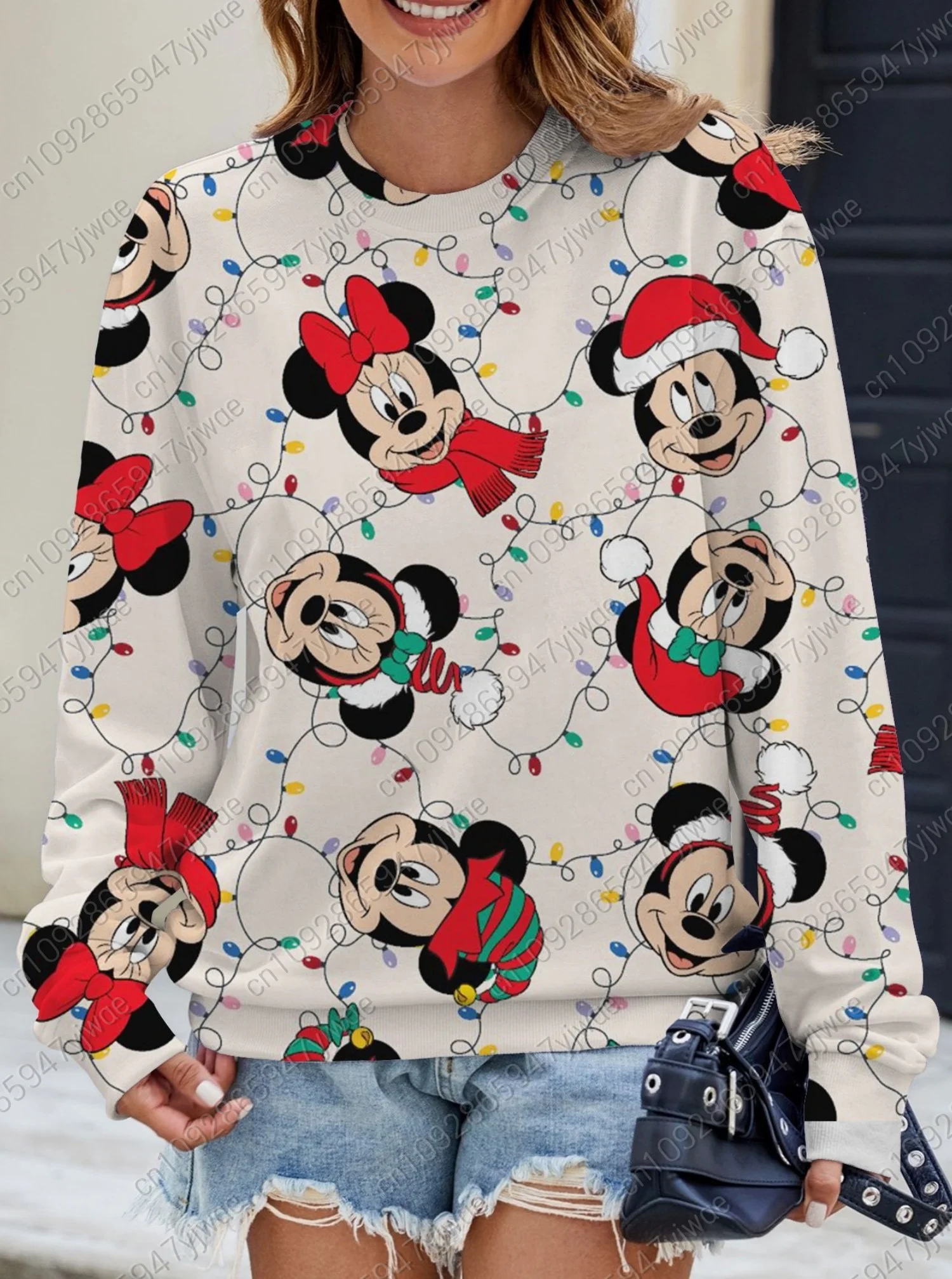 

2025 женские осенне-рождественские толстовки с рисунком Микки Мауса, женские толстовки в стиле Харадзюку с круглым вырезом, женские толстовки