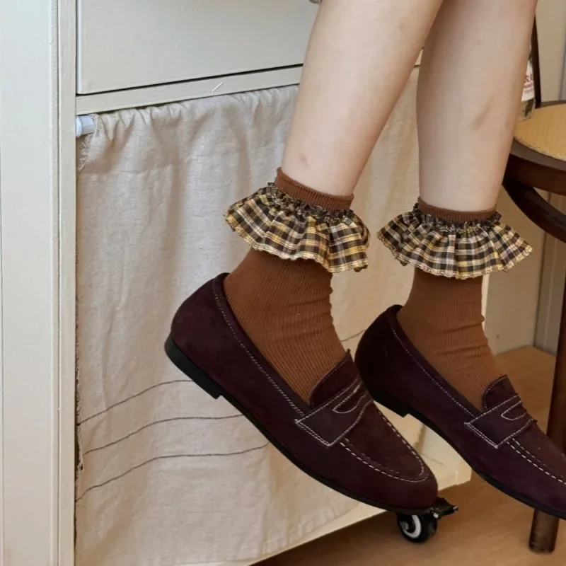 

Милые носки средней длины с рюшами для девочек, женские корейские модные дышащие хлопковые кружевные носки, винтажные дышащие носки в стиле Лолиты