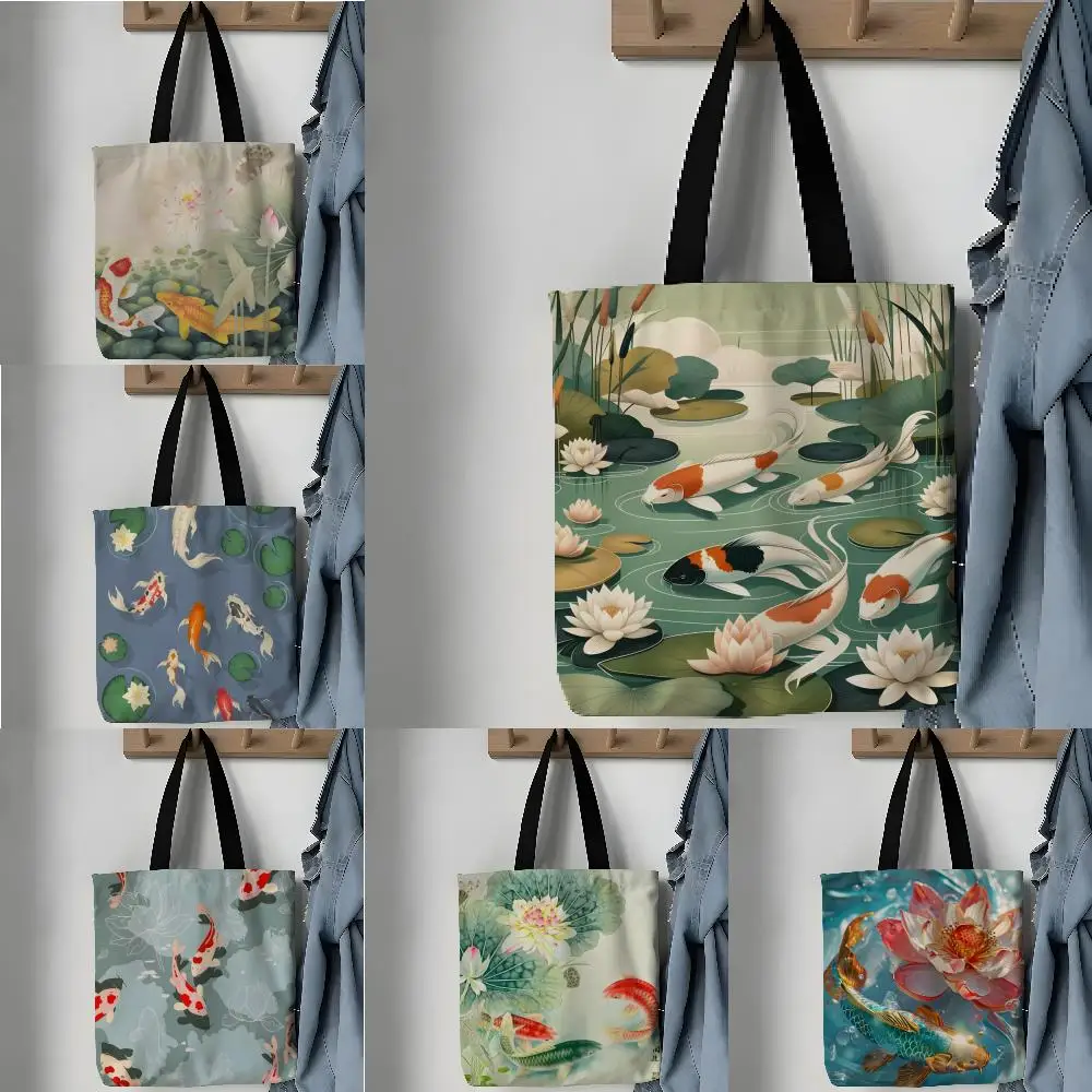 Storage Bags Pattern Tote Bag Aesthetic Canvas Shoulder Bag Lightweight Shopping Bag Natural Fun Koi Fish lotus