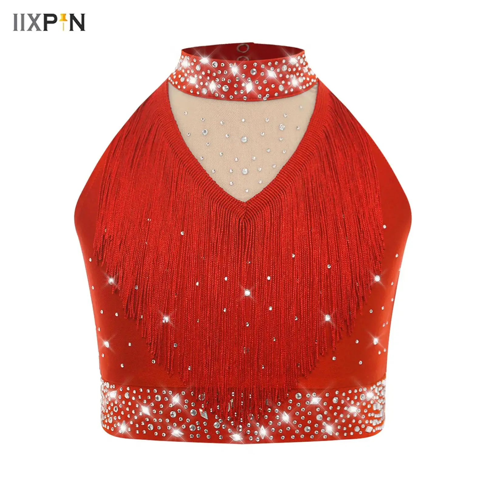

Kids Girls Shiny Sequins Dance Tops Stand Collar Sleeveless Fringe Vest Tank Top Ballet Jazz Latin Dance Performance Dancewear