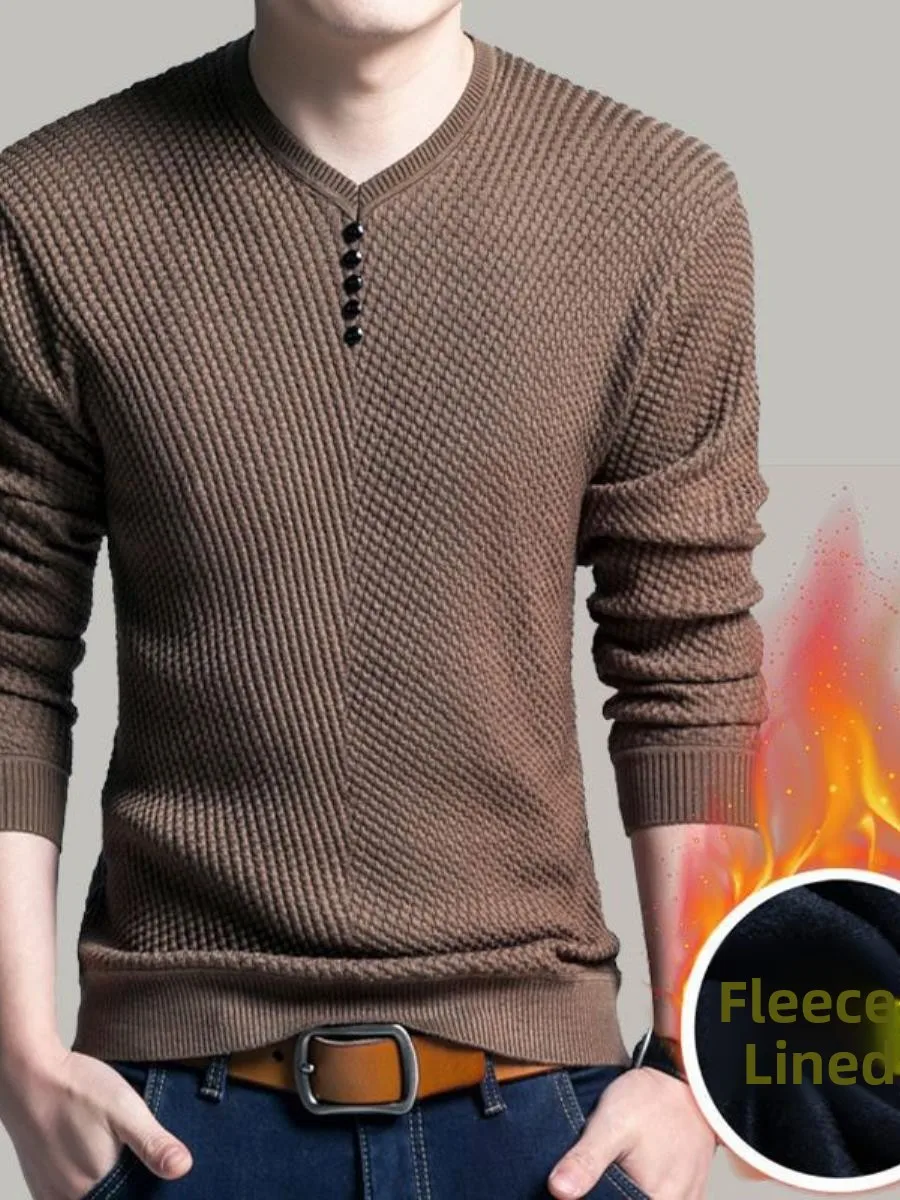 

Мужской вязаный свитер с V-образным вырезом, утепленный флисом, осенне-зимний стиль, теплый, с вырезом в форме сердца, повседневный, модный, для мужчин среднего возраста