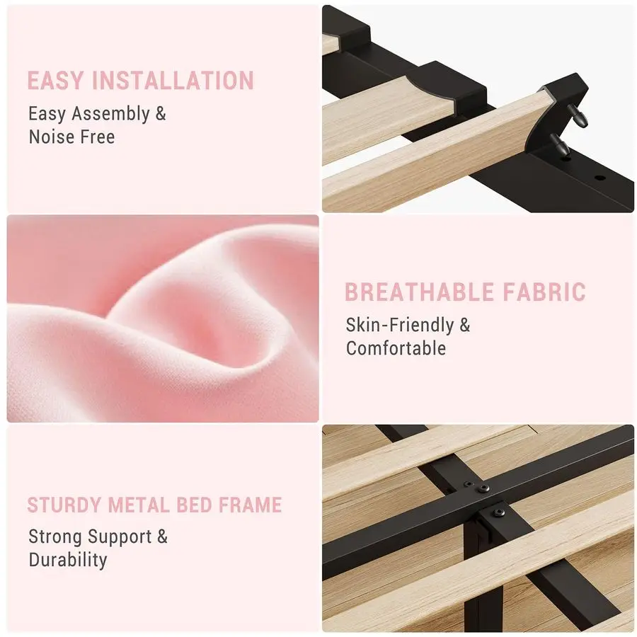 Size Bed Frame with Headboard Adjustable, Modern Velvet Upholstered Twin Platform Bed Frame with Wooden Slat Support, No Box Spr