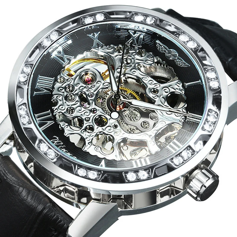 

WINNER Classic Mechanical Watches Luminous Hands Iced Out Skeleton Mens Watches Top Brand Luxury Leather Strap Retro Wristwatch