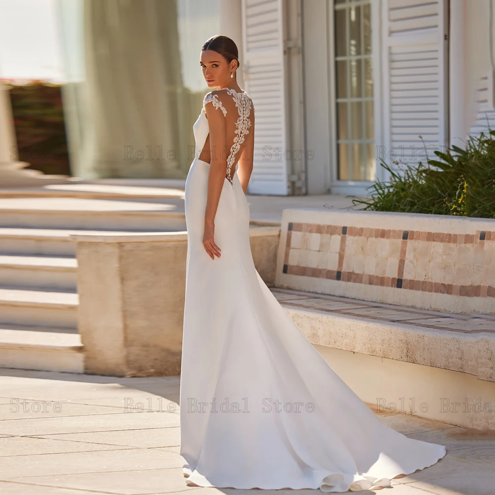 Customized Elegant Mermaid Wedding Dresses V Neck Cap Sleeves Bridal Gowns Appliques Illusion Sweep Train Vestidos De Novia