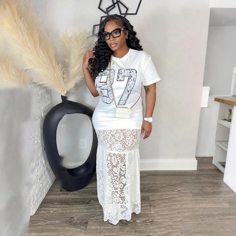 Sexy Kant Patchwork Zien Door Bodycon T-shirt Lange Vrouwen Jurk Brief Afdrukken Korte Mouw Jurken Vrouwelijke Vestidos