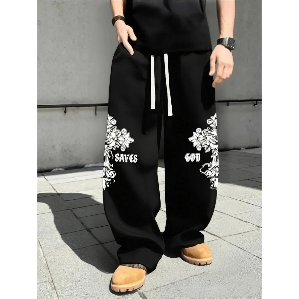 Cross-print straight-leg sweatpants loose fit street style suitable for all seasons unisex casual jogging pants trendy look