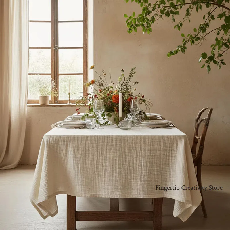 Boho 2 Layer Crinkled Muslin Cotton Tablecloth Soft Double Gauze Farmhouse Rustic Washable Kitchen Wedding Dining Decortion
