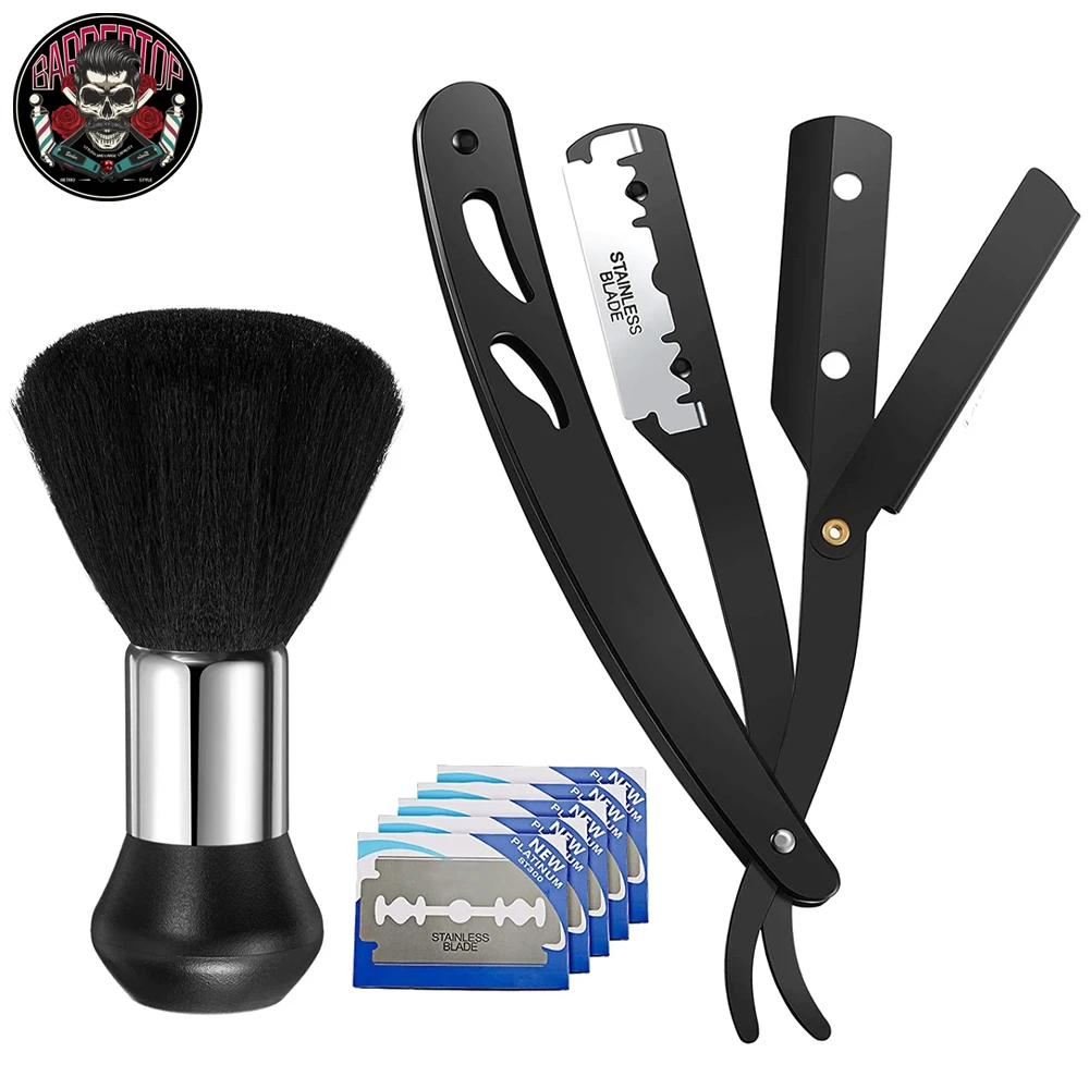 Men Beard Scraper Razor Brush Set Manual Foldable Stainless Steel Replaceable Blades Old-fashioned Shavette Hair Removal Knife