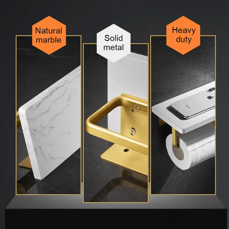 Toilet Paper Holder with Natural Marble Shelf for Bathroom Washroom,Wall Mounted Tissue Holder Suitable for Mega Roll