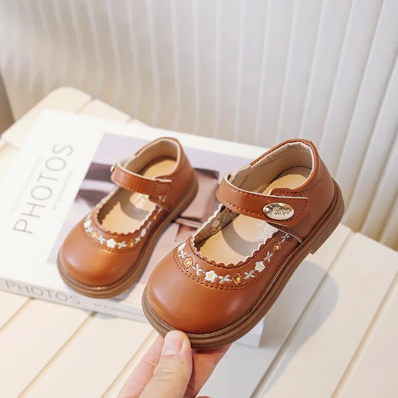 Children's Leather Shoes Spring Autumn Versatile Kids Mary Jane Shoes Fashion Embroidered Flower Causal Princess Shoes for Girls