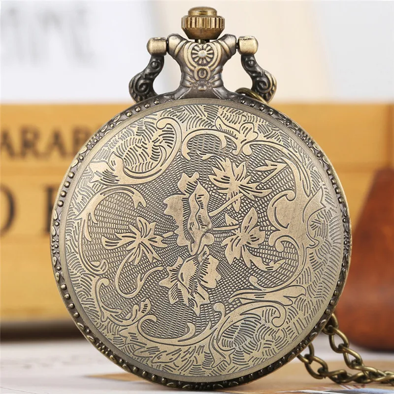 Brons 3D Carving Auto Ontwerp Mannen Vrouwen Retro Horloge Quartz Arabisch Cijfer Met Fob Ketting Ketting Reloj Geschenken