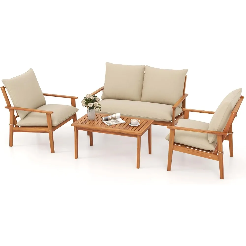 

4 Pieces Patio Furniture Set, Outdoor Acacia Wood Conversation Set with Soft Cushions and Coffee Table, Outdoor Sectional Sofa
