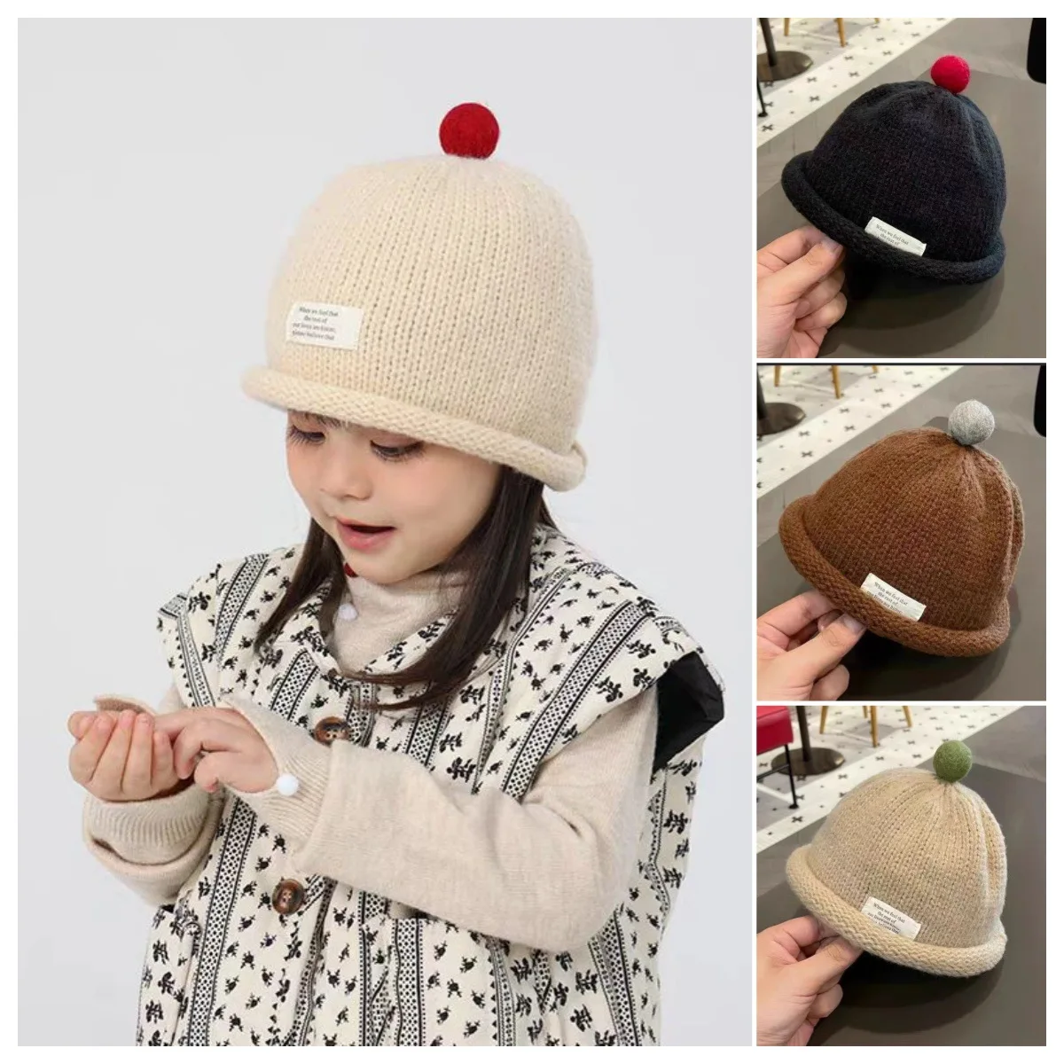 

Plush Ball Kids Pullover Cap Korean Children Melon Caps Winter Warm Woolen Knit Hat Solid Color Crochet Bonnet Baby Beanies 1-6Y