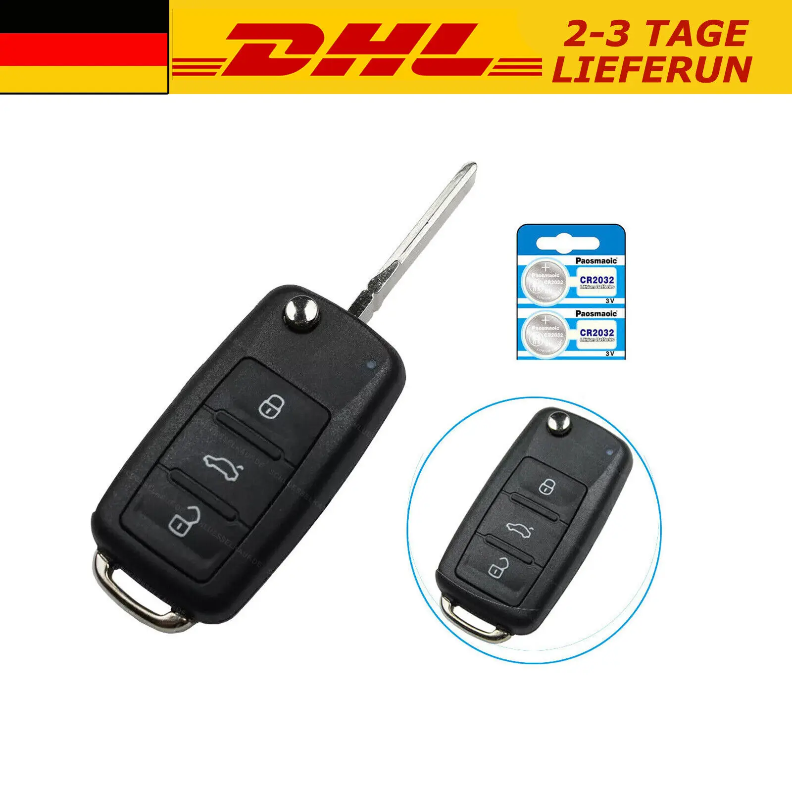 Chiave per auto a 3 pulsanti Chiave pieghevole modificata per auto Nuovo PER VW T5 GOLF 6 PASSAT TOURAN EOS con 2 batterie