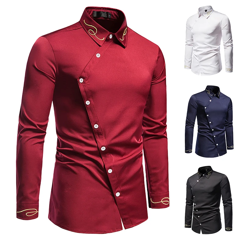 Men's Long Sleeved Shirt Embroidered Asymmetrical Button Design Wedding Groomsman Formal Party Dress Gentleman Casual Shirt