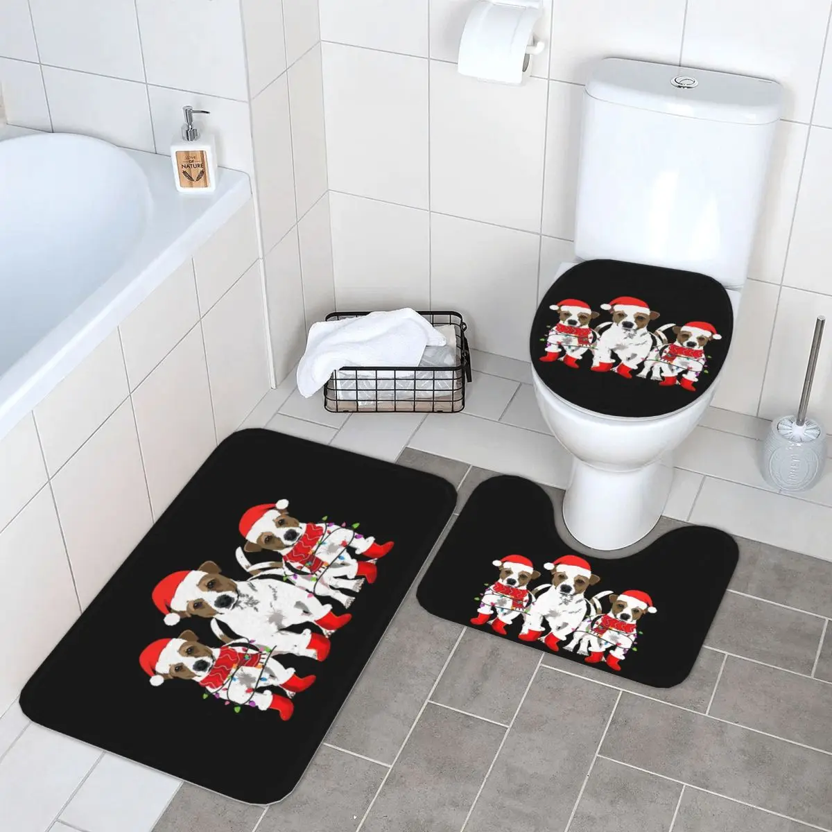 

Jack Russell Christmas Santa Dogs 3 Piece Bath Mat Bathroom Set Toilet Lid Cover Home Decor Non-Slip Carpet Floor Rug